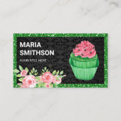 Roze Roses Floral Green Velvet Cupcake Bakery Visitekaartje (Voorkant)