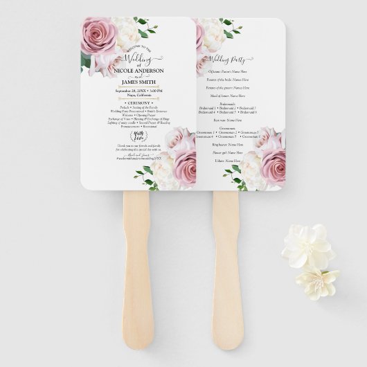 Roze Roses Floral Greenery Minimal Modern Wedding Handwaaier (Voorkant en achterkant)