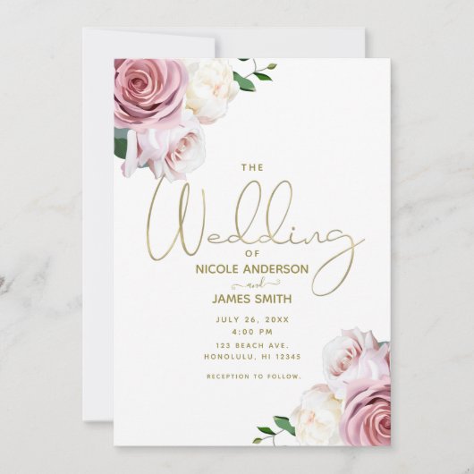 Roze Roses Floral Greenery Minimal Modern Wedding Kaart (Voorkant)