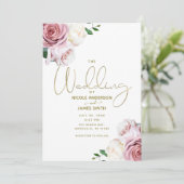 Roze Roses Floral Greenery Minimal Modern Wedding Kaart (Staand voorkant)