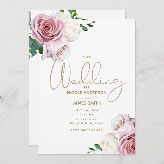 Roze Roses Floral Greenery Minimal Modern Wedding Kaart (Voorkant / Achterkant)