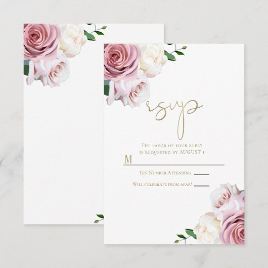 Roze Roses Floral Greenery Modern Wedding RSVP Kaart (Voorkant / Achterkant)