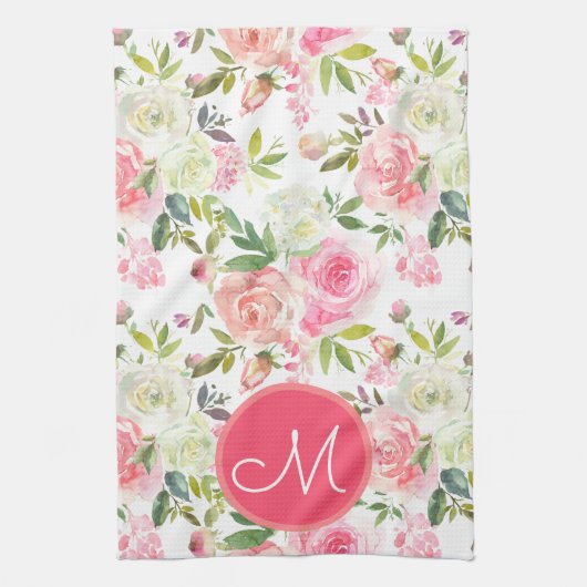 Roze Roses Floral Monogrammed Kitchen Towel Theedoek (Verticaal)