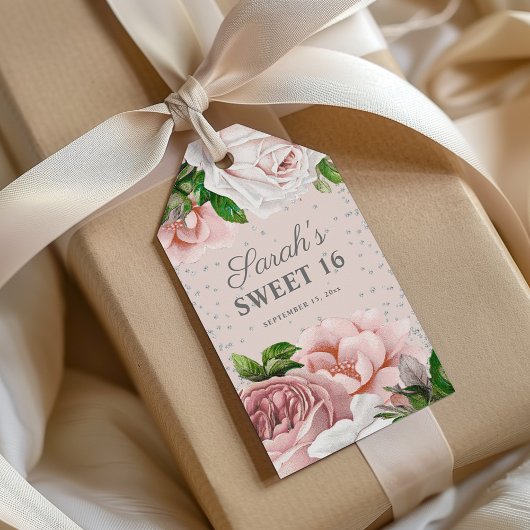 Roze Roses Floral Silver Glitter Sweet 16 Naam Cadeaulabel