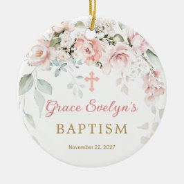 Roze Roses Foliage Cross Baptism Fotoornament Keramisch Ornament