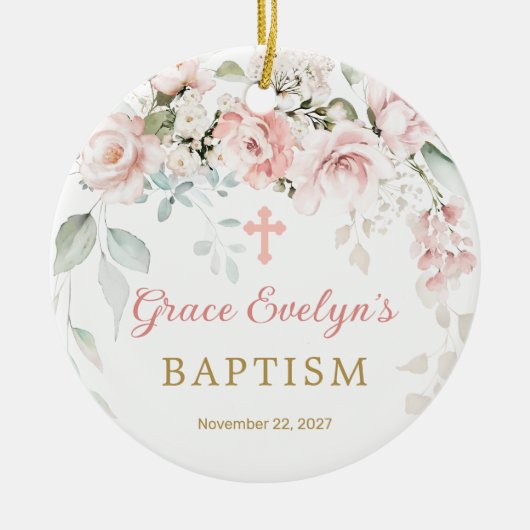 Roze Roses Foliage Cross Baptism Fotoornament Keramisch Ornament (Voorkant)