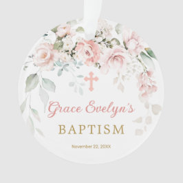 Roze Roses Foliage Cross Baptism Fotoornament Ornament
