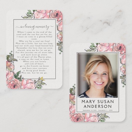 Roze Roses Foto Funeral Memorial Poem Kaart Visitekaartje (Voorkant / Achterkant)