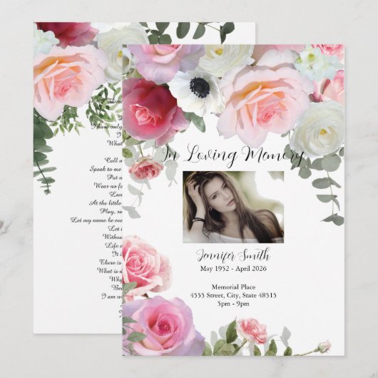 Roze Roses Funeral Announcement/Uitnodiging Kaart (Voorkant / Achterkant)