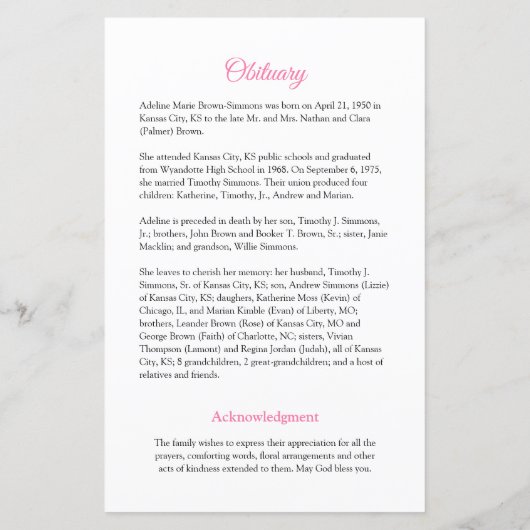 Roze Roses Funeral Memorial Card | 5,5 x 8,5 inch (Achterkant)