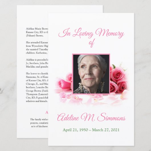 Roze Roses Funeral Memorial Card | 5,5 x 8,5 inch (Voorkant / Achterkant)