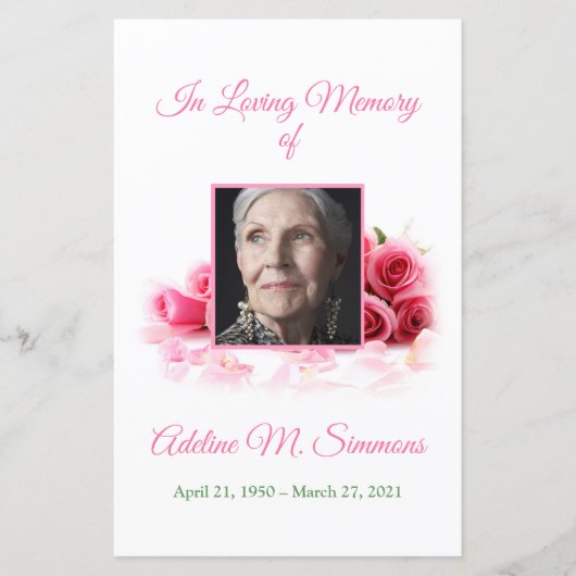 Roze Roses Funeral Memorial Card | 5,5 x 8,5 inch (Voorkant)
