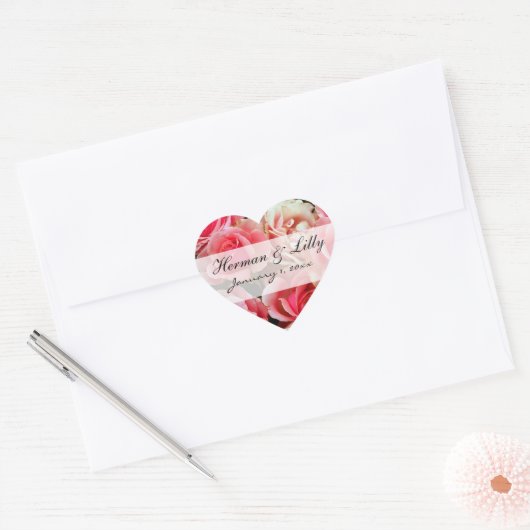 Roze Roses Gepersonaliseerd huwelijk Hart Sticker (Envelop)
