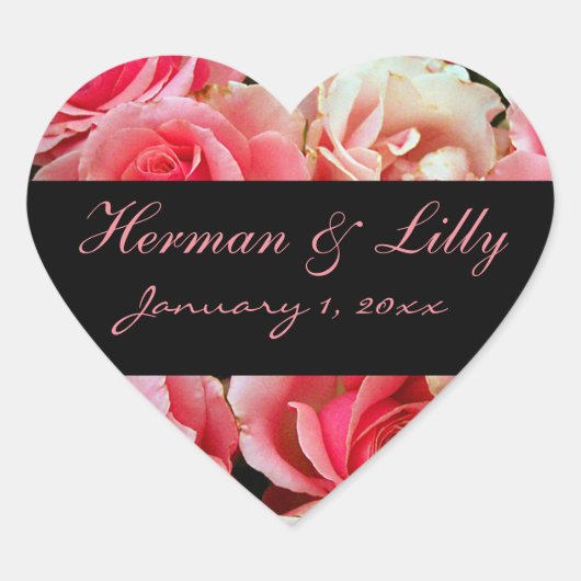 Roze Roses Gepersonaliseerd huwelijk Hart Sticker (Voorkant)
