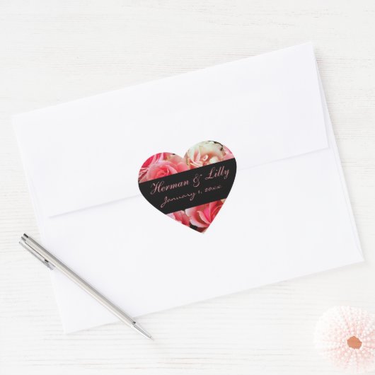 Roze Roses Gepersonaliseerd huwelijk Hart Sticker (Envelop)