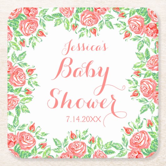 Roze Roses Girly Baby shower Kartonnen Onderzetters (Voorkant)