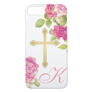 Roze Roses Gold Cross Monogrammed Floral Christeli iPhone 8/7 Hoesje
