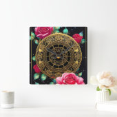 Roze Roses Gold Filigree Art Vierkante Klok (Huis)