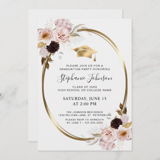 Roze Roses Gold Metallic Graduparty Kaart (Voorkant / Achterkant)