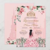 Roze Roses & Gold Princess Fairytale Quinceanera Kaart (Voorkant / Achterkant)