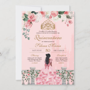 Roze Roses & Gold Princess Fairytale Quinceanera Kaart