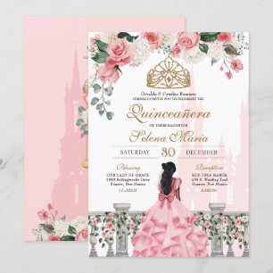 Roze Roses & Gold Princess Fairytale Quinceanera Kaart