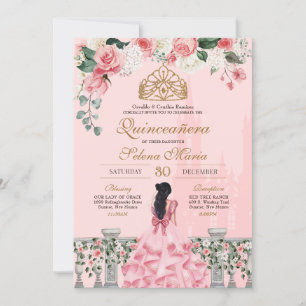 Roze Roses & Gold Princess Fairytale Quinceañera Kaart