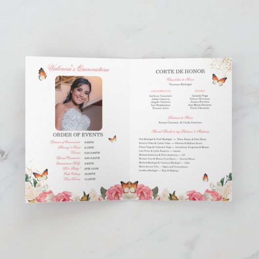 Roze Roses Gold Tiara Butterfly Quinceanera Programma (Binnen)
