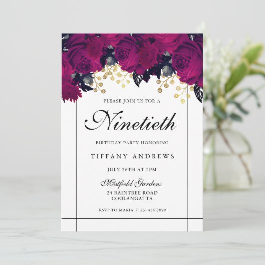 Roze Roses Gold & White, 90e verjaardag Uitnodigin Kaart (Staand voorkant)