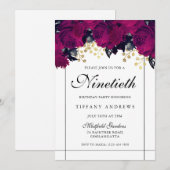 Roze Roses Gold & White, 90e verjaardag Uitnodigin Kaart (Voorkant / Achterkant)