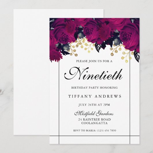 Roze Roses Gold & White, 90e verjaardag Uitnodigin Kaart (Voorkant / Achterkant)