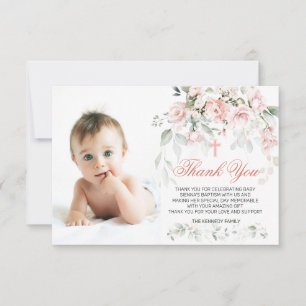 Roze Roses Greenery Baptism Foto Flat Hartelijk da Bedankkaart