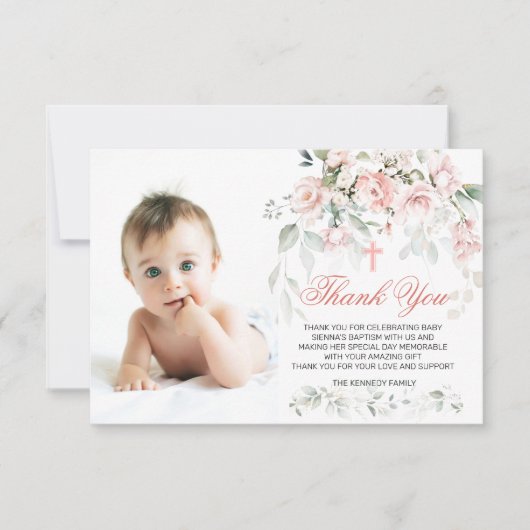 Roze Roses Greenery Baptism Foto Flat Hartelijk da Bedankkaart (Voorkant)