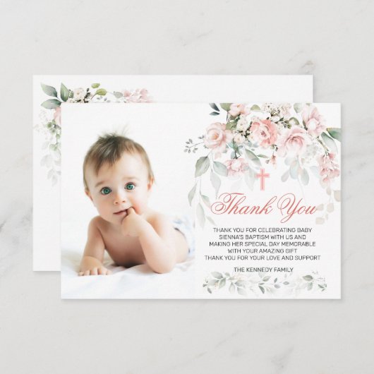 Roze Roses Greenery Baptism Foto Flat Hartelijk da Bedankkaart (Voorkant / Achterkant)