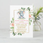 Roze Roses Greenery Elephant Baby shower Gold Kaart (Staand voorkant)