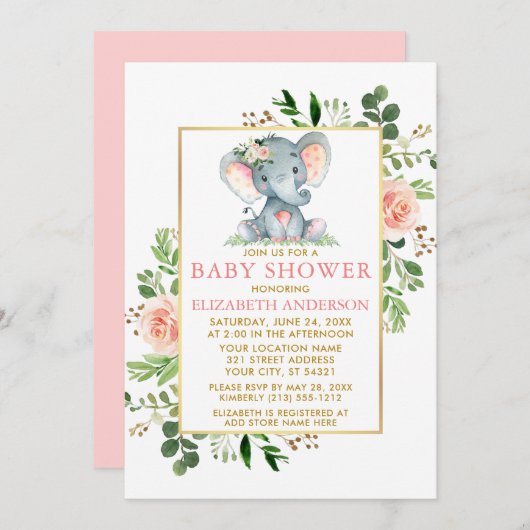 Roze Roses Greenery Elephant Baby shower Gold Kaart (Voorkant / Achterkant)