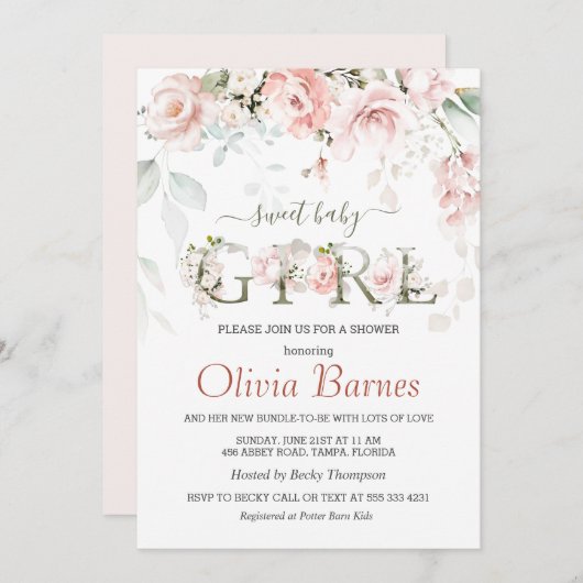 Roze Roses Greenery Foliage Baby shower Kaart (Voorkant / Achterkant)