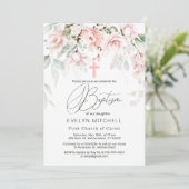 Roze Roses Greenery Foliage Baptisme Invitation Kaart (Staand voorkant)