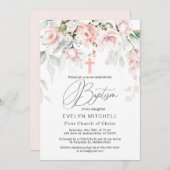 Roze Roses Greenery Foliage Baptisme Invitation Kaart (Voorkant / Achterkant)