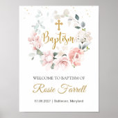 Roze Roses Greenery Foliage Baptisme-teken Poster (Voorkant)