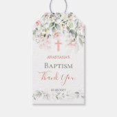 Roze Roses Greenery Foliage Cross Baptisme Cadeaulabel (Voorkant)