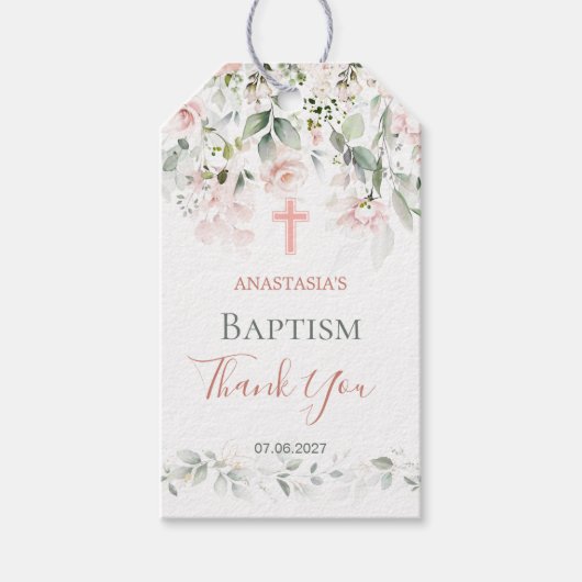 Roze Roses Greenery Foliage Cross Baptisme Cadeaulabel (Voorkant)