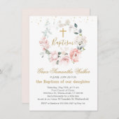 Roze Roses Greenery Foliage Cross Baptisme Kaart (Voorkant / Achterkant)