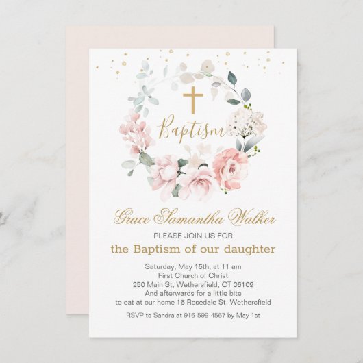 Roze Roses Greenery Foliage Cross Baptisme Kaart (Voorkant / Achterkant)