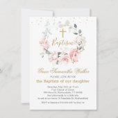 Roze Roses Greenery Foliage Cross Baptisme Kaart (Voorkant)