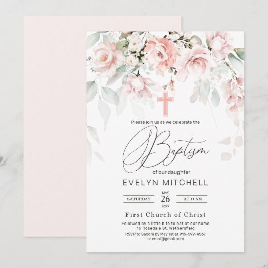 Roze Roses Greenery Foliage Cross Baptisme Kaart (Voorkant / Achterkant)