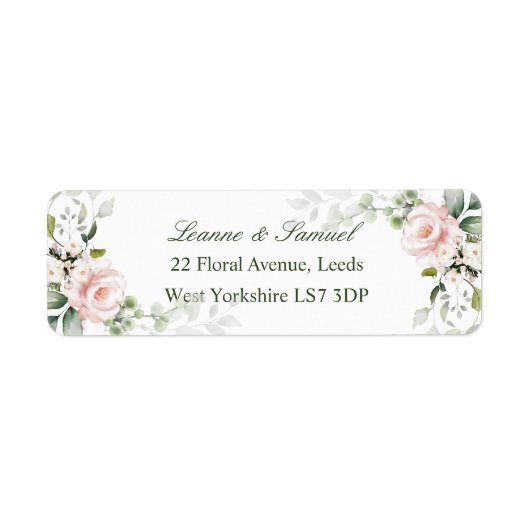 Roze Roses Greenery Foliage return address Label (Voorkant)