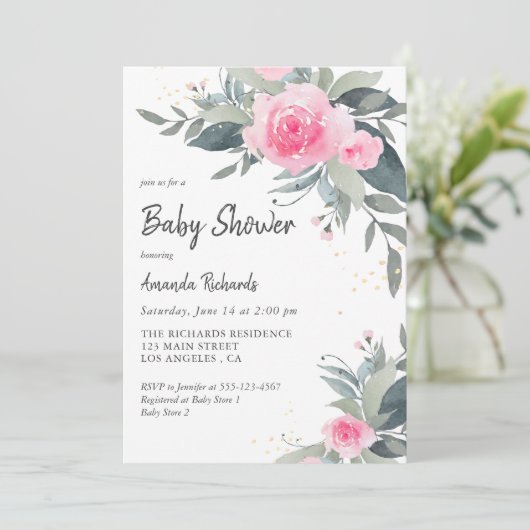 Roze Roses Greenery Girl Baby shower Kaart (Staand voorkant)