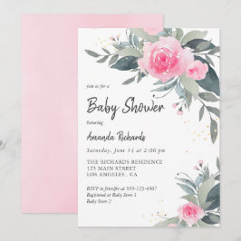 Roze Roses Greenery Girl Baby shower Kaart
