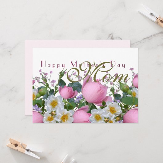 Roze Roses Happy Mothers Day Mkaart Kaart (Voorkant / Achterkant in situ)